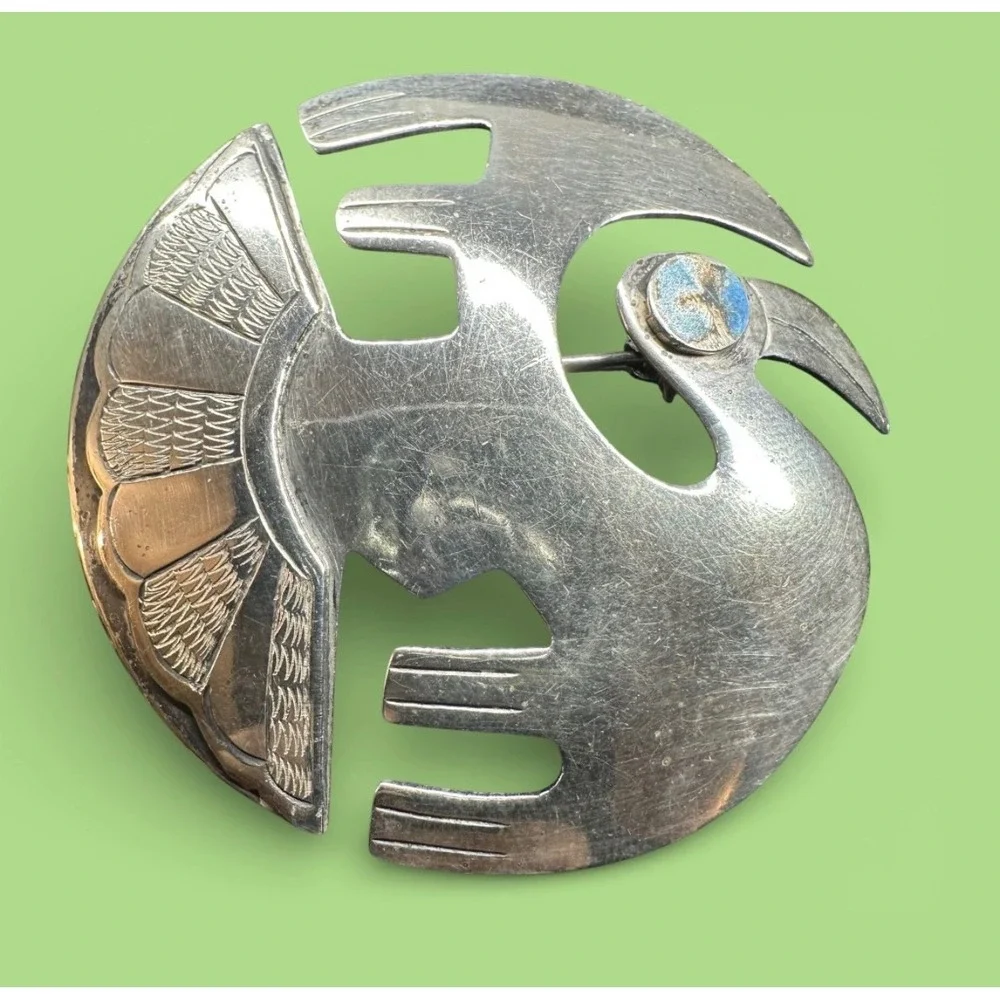 Mid Century Modern Peruvian Sterling Silver Bird Brooch Turquoise Artisan‎ Boho